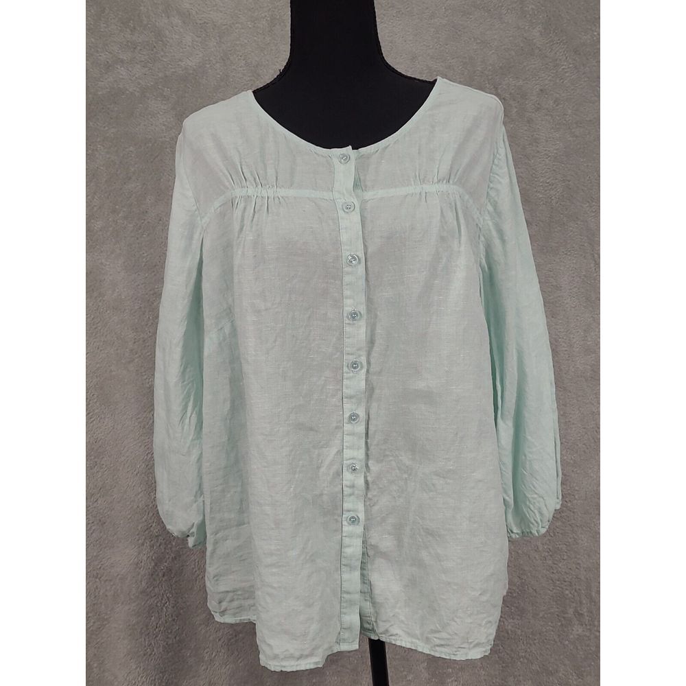 Talbots Womens Shirt 2Xp Blue 100%‎ Linen Beachy Relaxed Coastal Button Down